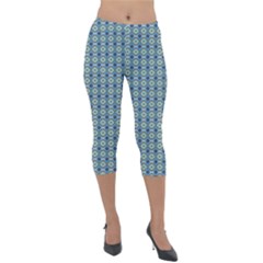 Ornate Oval  Pattern Blue Orange Lightweight Velour Capri Leggings  by BrightVibesDesign