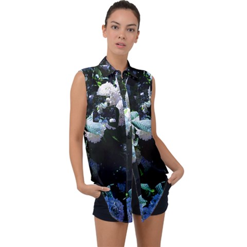 Blue Snowballs Ii Sleeveless Chiffon Button Shirt by okhismakingart