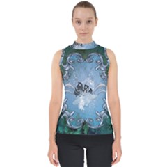 Surfboard With Dolphin Mock Neck Shell Top by FantasyWorld7
