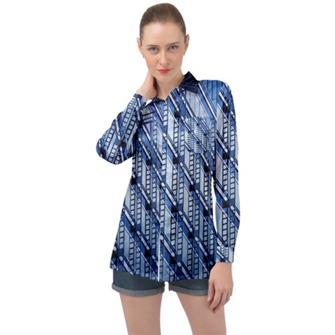 Abstract Architecture Azure Long Sleeve Satin Shirt by Pakrebo