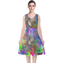 Rainbow Plasma Neon V-neck Midi Sleeveless Dress  by HermanTelo