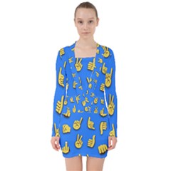 Emojis Hands Fingers V-neck Bodycon Long Sleeve Dress by Bajindul