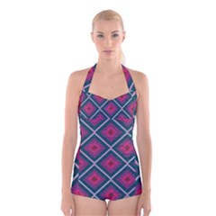 Purple Textile And Fabric Pattern Boyleg Halter Swimsuit  by Pakrebo