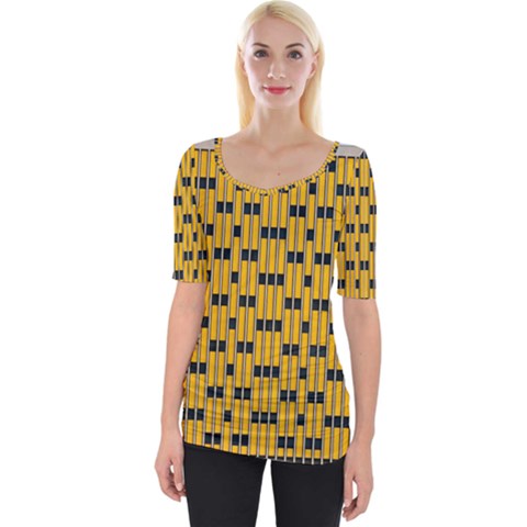 Yellow And Black Pattern Wide Neckline Tee by Pakrebo