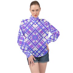Geometric Plaid Purple Blue High Neck Long Sleeve Chiffon Top by Mariart