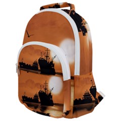 Digital Art Artwork Ship Boats Sea Rounded Multi Pocket Backpack by Wegoenart