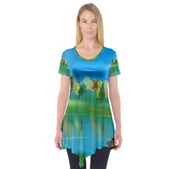 Digital Art Artwork Landscape Boat Short Sleeve Tunic  by Wegoenart