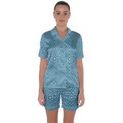 Lines Blue Repeating Textile Satin Short Sleeve Pyjamas Set by Wegoenart