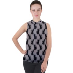 Black Cats On Gray Mock Neck Chiffon Sleeveless Top by bloomingvinedesign