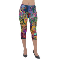 Modern Geometric Art   Dancing In The City Background Solid Dark Blue Lightweight Velour Capri Leggings  by EDDArt