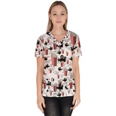 Movies And Popcorn Women s V-neck Scrub Top by bloomingvinedesign