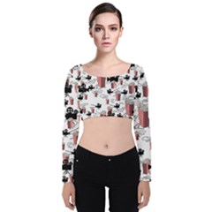 Movies And Popcorn Velvet Long Sleeve Crop Top by bloomingvinedesign