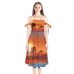 African Background Shoulder Tie Bardot Midi Dress by Simbadda