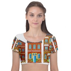 City Buildings Brick Architecture Velvet Short Sleeve Crop Top  by Simbadda