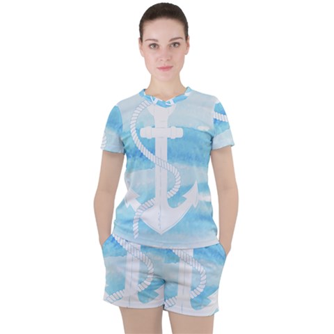 Anchor Watercolor Painting Blue Women s Tee And Shorts Set by Sudhe