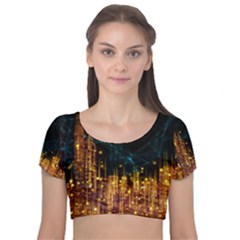 Architecture Buildings City Velvet Short Sleeve Crop Top  by Simbadda