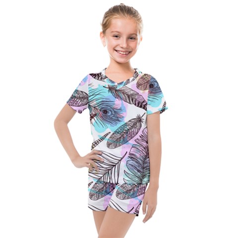 Hand Drawn Feathers Seamless Pattern Kids  Mesh Tee And Shorts Set by Vaneshart