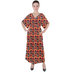 Girl Flower Pattern Apricot V-neck Boho Style Maxi Dress by snowwhitegirl