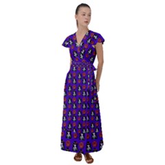 Girl Flower Pattern Royal Blue Flutter Sleeve Maxi Dress by snowwhitegirl
