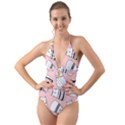 Cute Cats Cartoon Seamless Pattern Halter Cut-Out One Piece Swimsuit View1