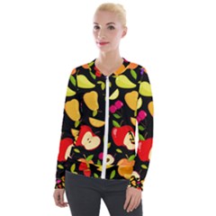 Vector Seamless Summer Fruits Pattern Black Background Velour Zip Up Jacket by Vaneshart
