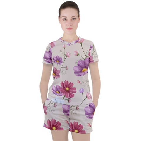 Vector Hand Drawn Cosmos Flower Pattern Women s Tee And Shorts Set by Sobalvarro