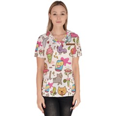 Set Kawaii Doodles Women s V-neck Scrub Top by Vaneshart