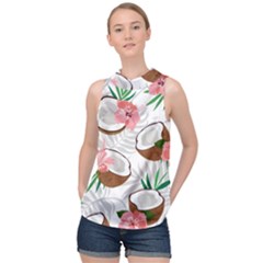 Seamless Pattern Coconut Piece Palm Leaves With Pink Hibiscus High Neck Satin Top by Vaneshart