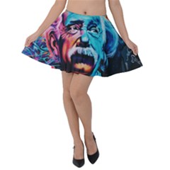 Albert Einstein Retro Wall Graffiti Blue Pink Orange Modern Urban Art Grunge Velvet Skater Skirt by genx