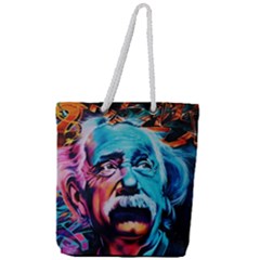 Albert Einstein Retro Wall Graffiti Blue Pink Orange Modern Urban Art Grunge Full Print Rope Handle Tote (large) by genx