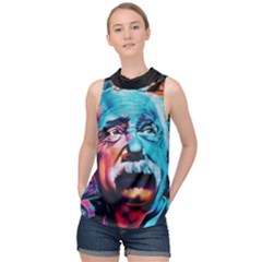Albert Einstein Retro Wall Graffiti Blue Pink Orange Modern Urban Art Grunge High Neck Satin Top by genx