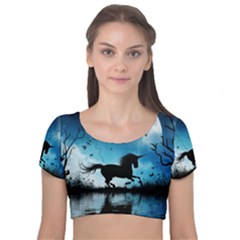 Wonderful Unicorn Silhouette In The Night Velvet Short Sleeve Crop Top  by FantasyWorld7