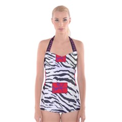 Striped By Traci K Boyleg Halter Swimsuit  by tracikcollection
