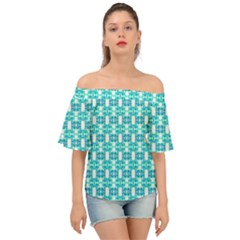Teal White  Abstract Pattern Off Shoulder Short Sleeve Top by BrightVibesDesign