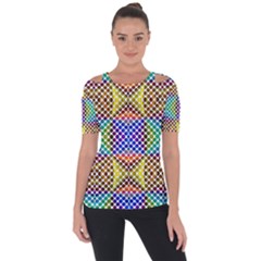 Colorful Circle Abstract White Brown Blue Yellow Shoulder Cut Out Short Sleeve Top by BrightVibesDesign