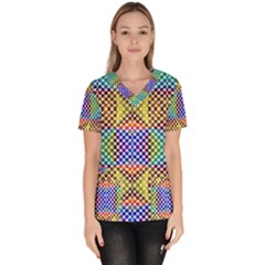 Colorful Circle Abstract White Brown Blue Yellow Women s V-neck Scrub Top by BrightVibesDesign