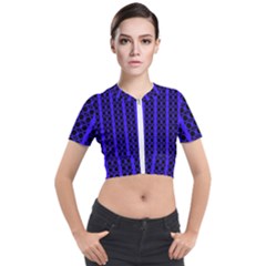Circles Lines Black Blue Short Sleeve Cropped Jacket by BrightVibesDesign