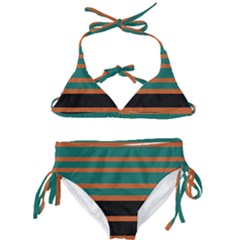Black Stripes Orange Brown Teal Kids  Classic Bikini Set by BrightVibesDesign
