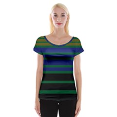 Black Stripes Green Olive Blue Cap Sleeve Top by BrightVibesDesign