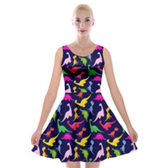 Funny Colorful Dinosaurs Blue Velvet Skater Dress by trulycreative