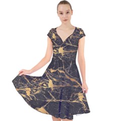Black Marble Texture With Gold Veins Floor Background Print Luxuous Real Marble Cap Sleeve Front Wrap Midi Dress by genx