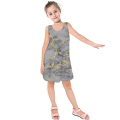 Marble Neon Retro Light Gray With Gold Yellow Veins Texture Floor Background Retro Neon 80s Style Neon Colors Print Luxuous Real Marble Kids  Sleeveless Dress by genx