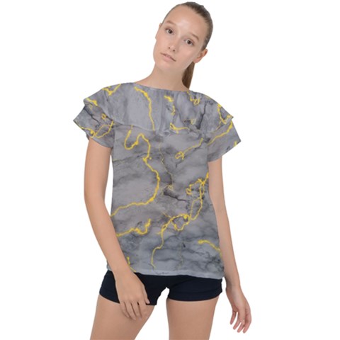 Marble Neon Retro Light Gray With Gold Yellow Veins Texture Floor Background Retro Neon 80s Style Neon Colors Print Luxuous Real Marble Ruffle Collar Chiffon Blouse by genx