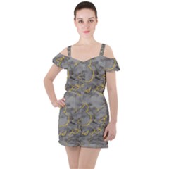 Marble Neon Retro Light Gray With Gold Yellow Veins Texture Floor Background Retro Neon 80s Style Neon Colors Print Luxuous Real Marble Ruffle Cut Out Chiffon Playsuit by genx