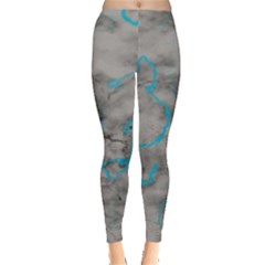 Marble Light Gray With Bright Cyan Blue Veins Texture Floor Background Retro Neon 80s Style Neon Colors Print Luxuous Real Marble Leggings  by genx