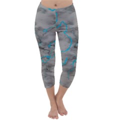 Marble Light Gray With Bright Cyan Blue Veins Texture Floor Background Retro Neon 80s Style Neon Colors Print Luxuous Real Marble Capri Winter Leggings  by genx