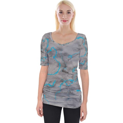 Marble Light Gray With Bright Cyan Blue Veins Texture Floor Background Retro Neon 80s Style Neon Colors Print Luxuous Real Marble Wide Neckline Tee by genx