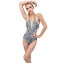Marble light gray with bright cyan blue veins texture floor background retro neon 80s style neon colors print luxuous real marble Plunging Cut Out Swimsuit View1