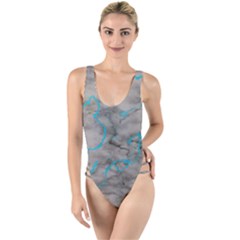 Marble Light Gray With Bright Cyan Blue Veins Texture Floor Background Retro Neon 80s Style Neon Colors Print Luxuous Real Marble High Leg Strappy Swimsuit by genx