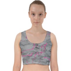Marble Light Gray With Bright Magenta Pink Veins Texture Floor Background Retro Neon 80s Style Neon Colors Print Luxuous Real Marble Velvet Racer Back Crop Top by genx